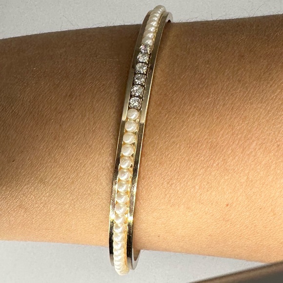 FAUX PEARL CRYSTAL BANGLE CUFF BRACELET GLAM - Picture 11 of 16